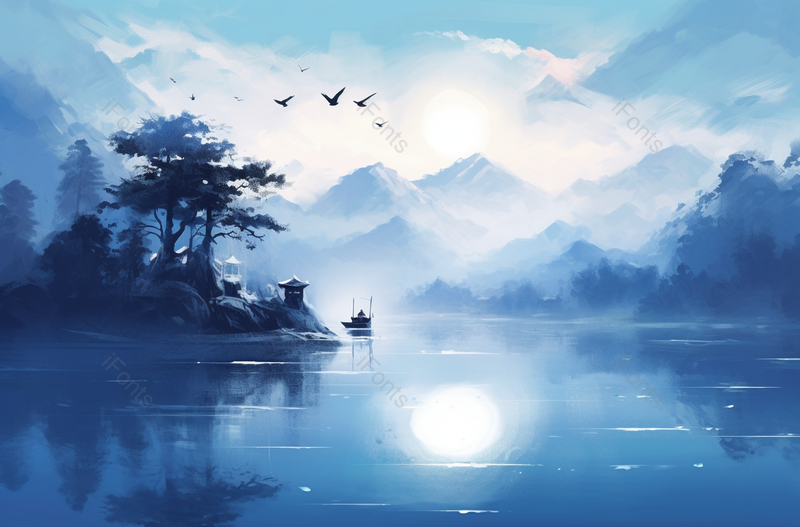 太阳照射山峰树木高大飞鸟小船水面倒影中式蓝色水墨山水画,插画/手绘图,插画/手绘图库,插画/手绘图下载,插画/手绘